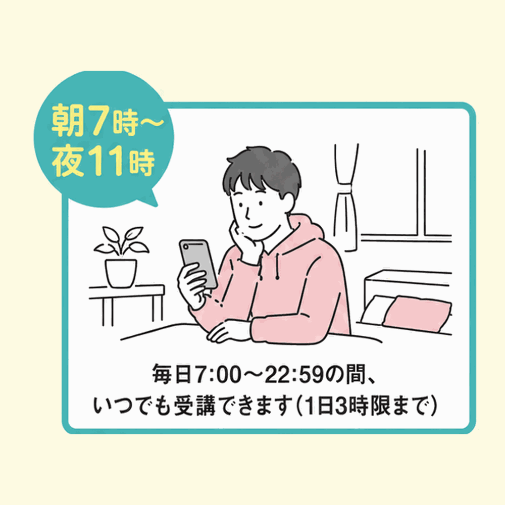 オンライン学科は毎日7:00〜22:59の間、いつでも受講できます(1日3時限まで)
